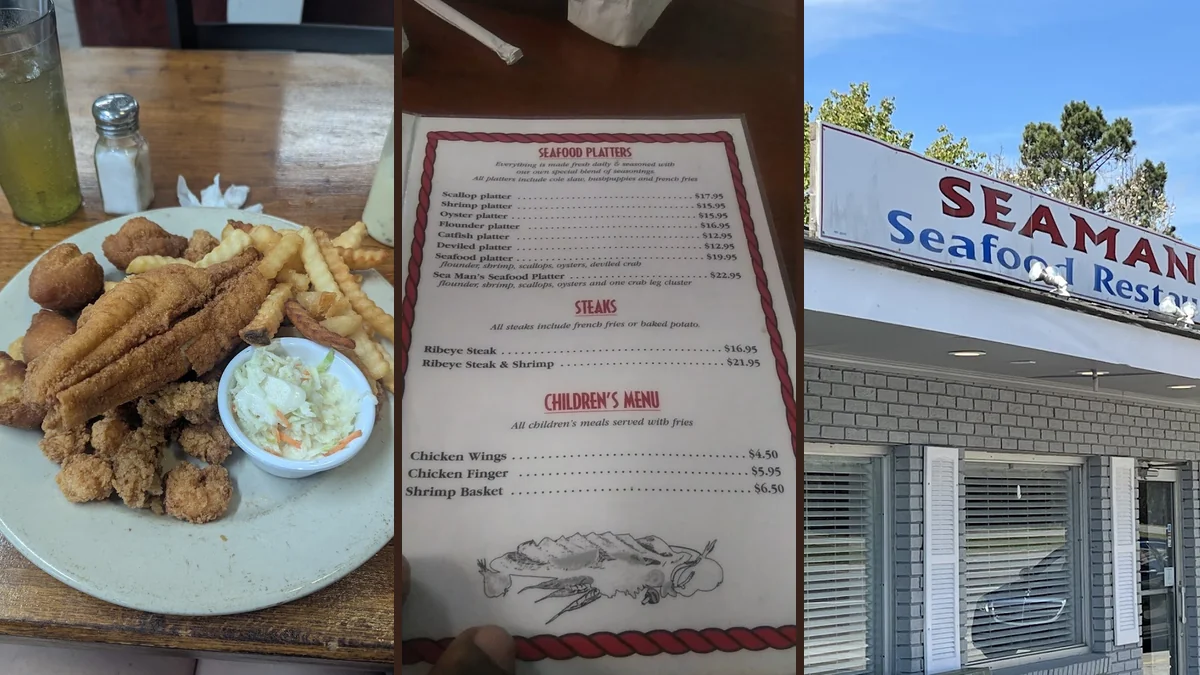 Seafood restaurant interior with simple tables and chairs.