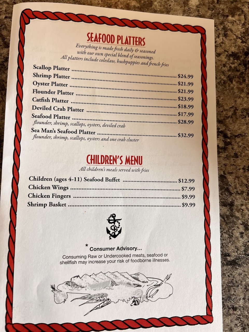 Seafood menu featuring sandwiches and baskets.